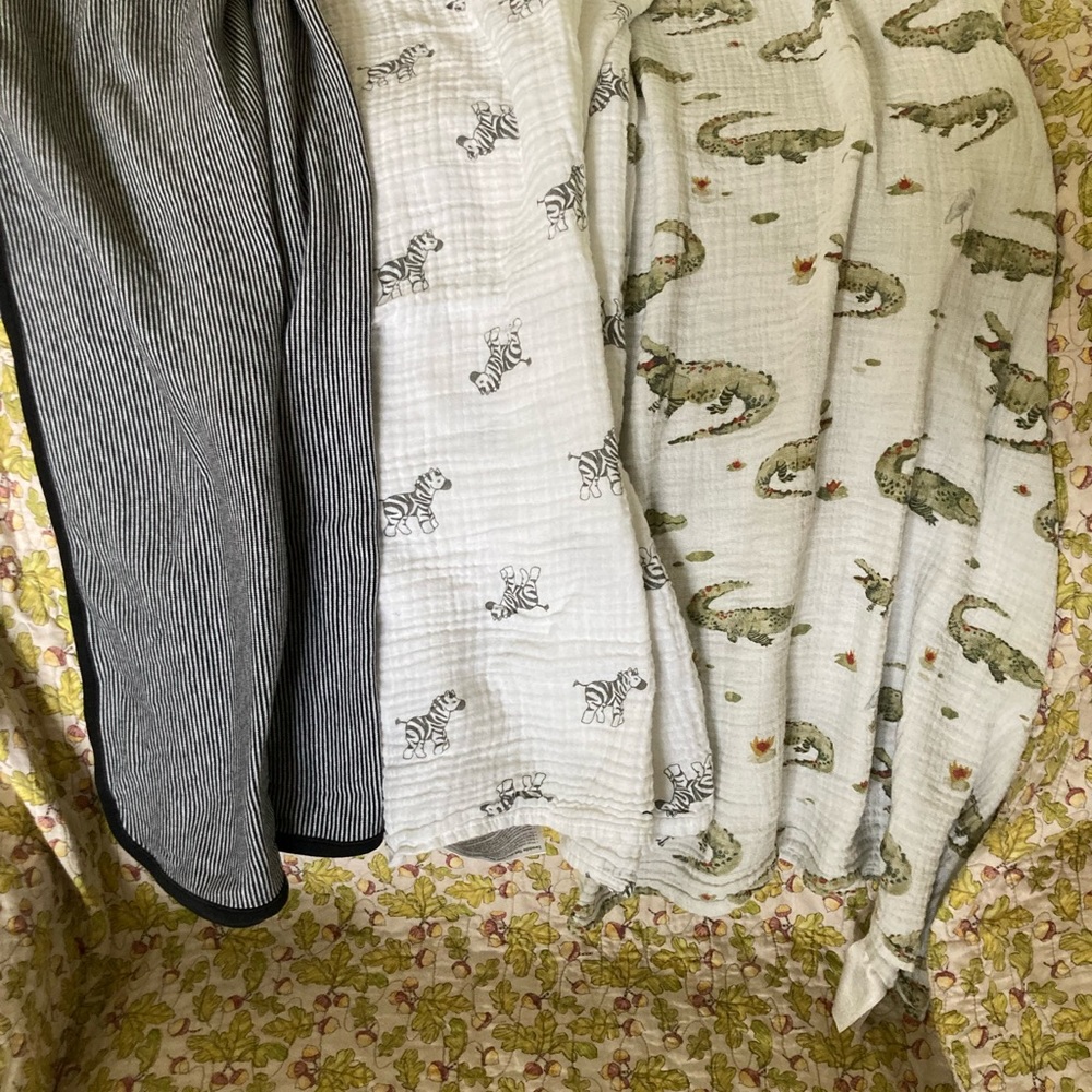 3 baby blankets. Striped, zebra, and alligator, used all different brands!